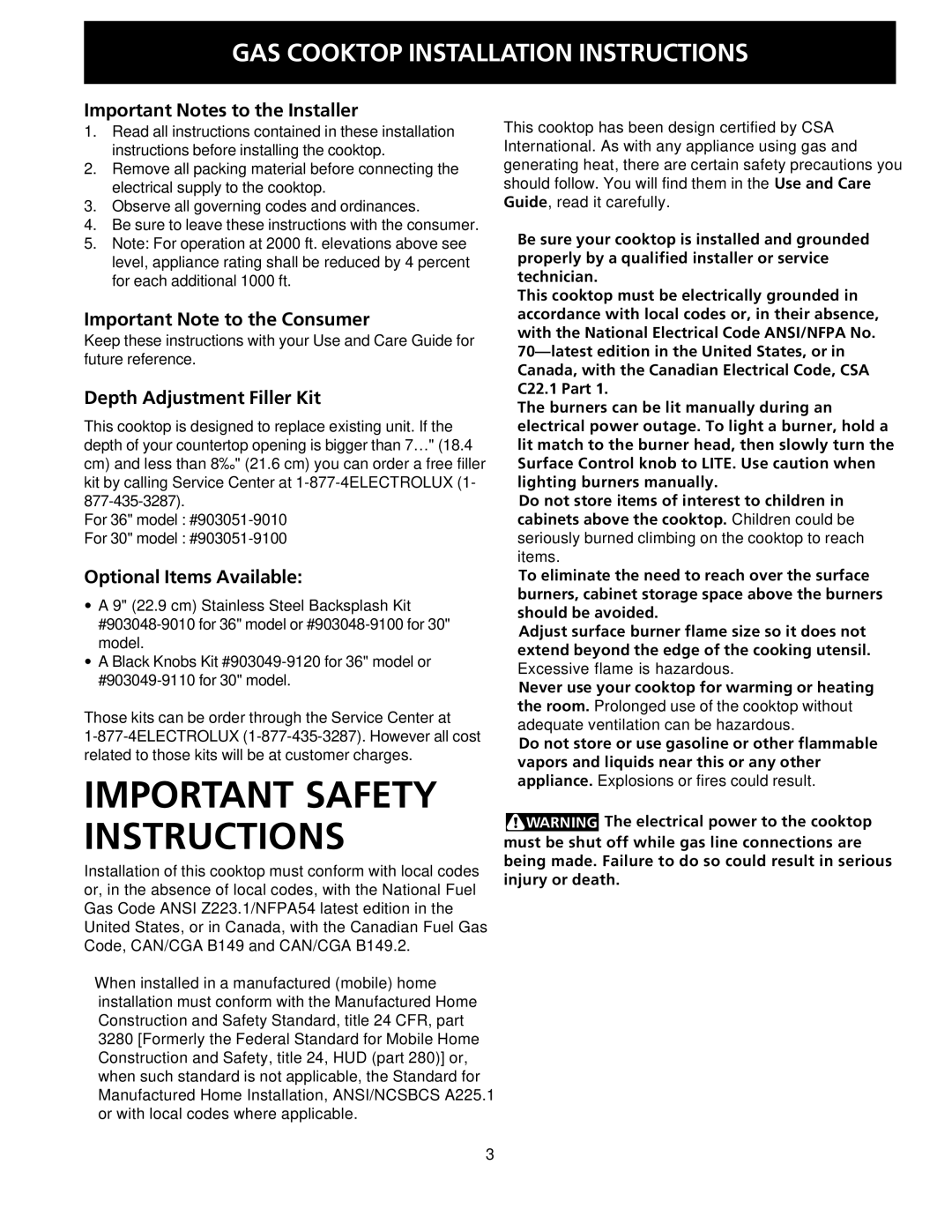 Electrolux 318201475 (0710) Important Notes to the Installer, Important Note to the Consumer, Depth Adjustment Filler Kit 