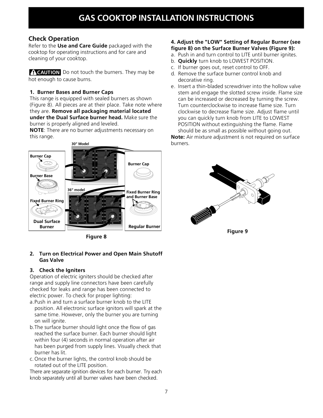 Electrolux 318201475 (0710) Check Operation, Burner Bases and Burner Caps, Adjust the LOW Setting of Regular Burner see 