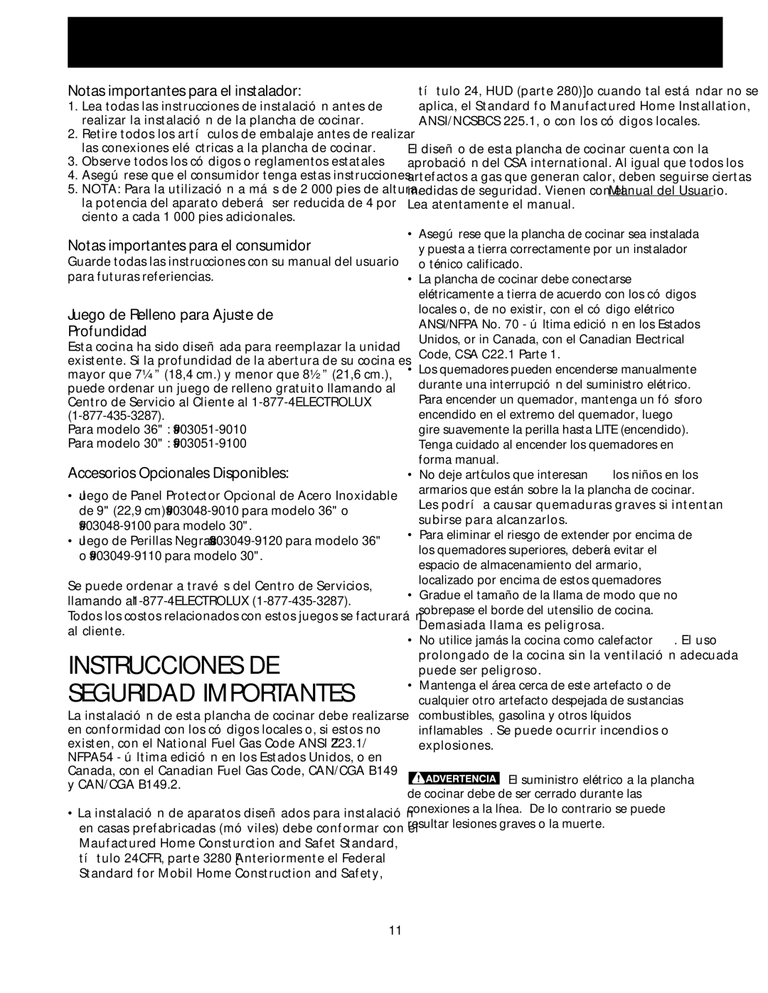 Electrolux 318201475 installation instructions Notas importantes para el instalador, Notas importantes para el consumidor 