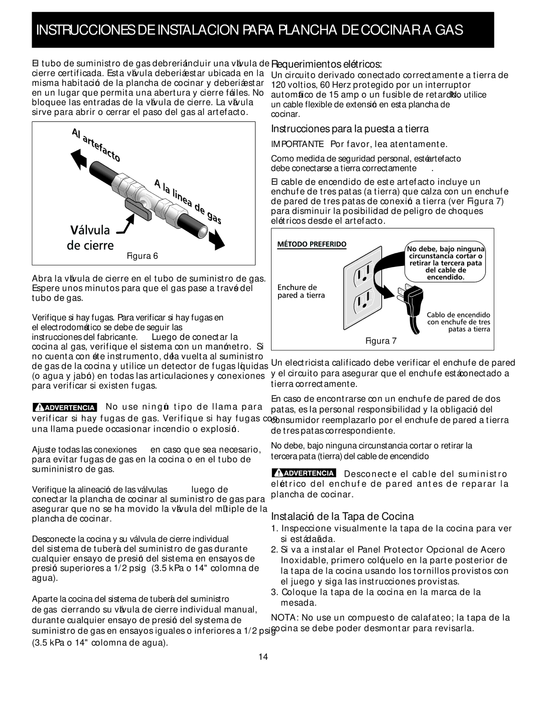 Electrolux 318201475 Requerimientos eléctricos, Instrucciones para la puesta a tierra, Instalación de la Tapa de Cocina 