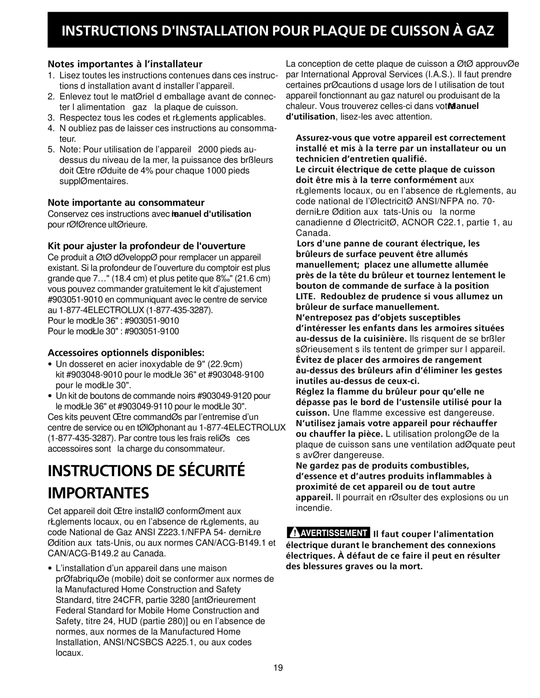 Electrolux 318201475 installation instructions Instructions DE Sécurité Importantes 