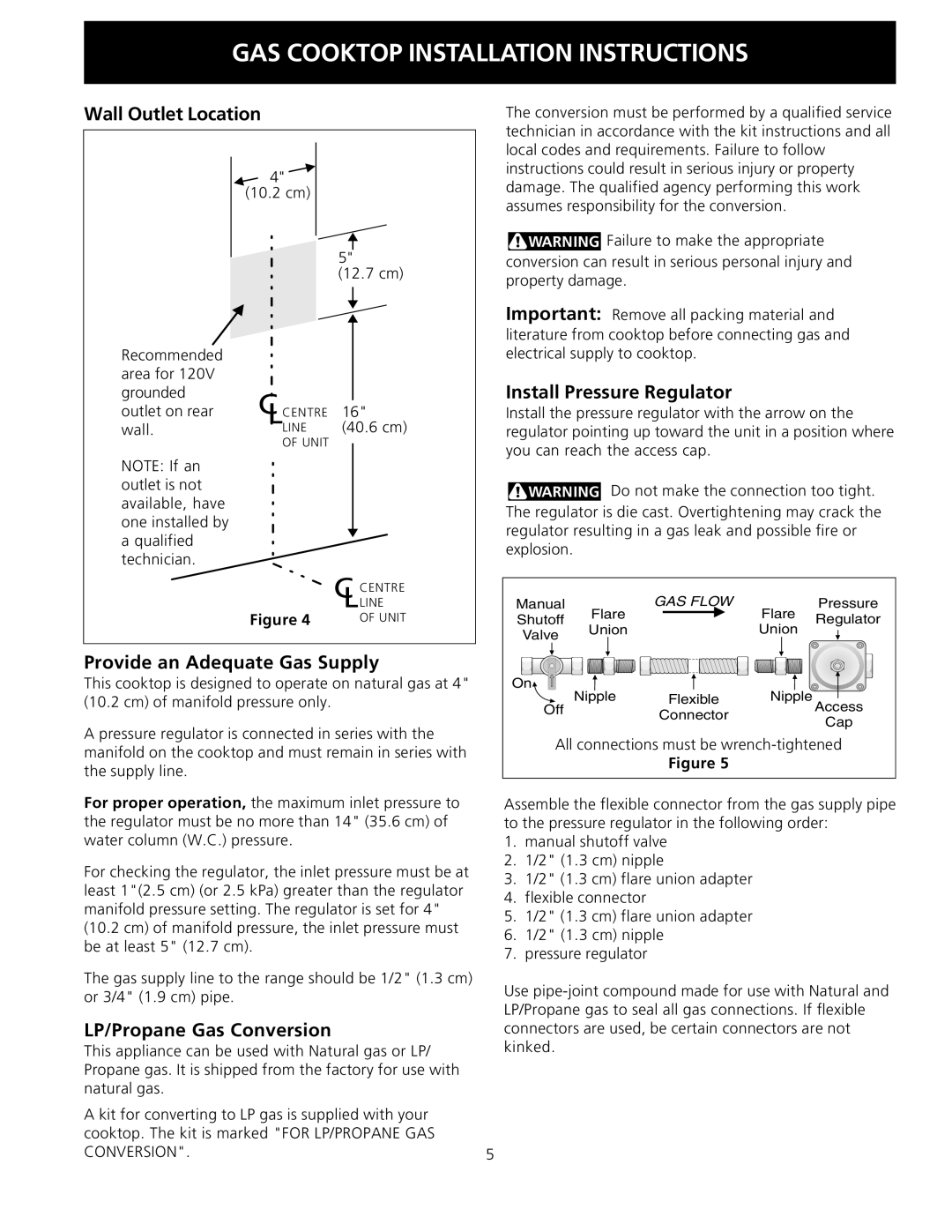 Electrolux 318201475 Wall Outlet Location, Provide an Adequate Gas Supply, Install Pressure Regulator, CONVERSION.5 