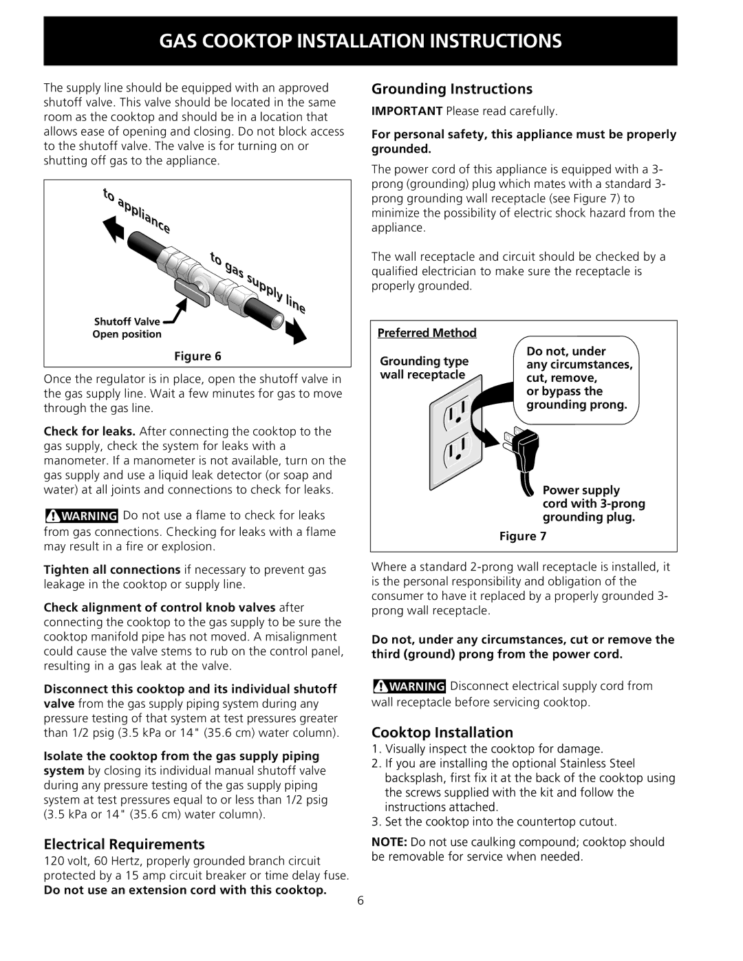 Electrolux 318201475 installation instructions Grounding Instructions, Electrical Requirements, Cooktop Installation 