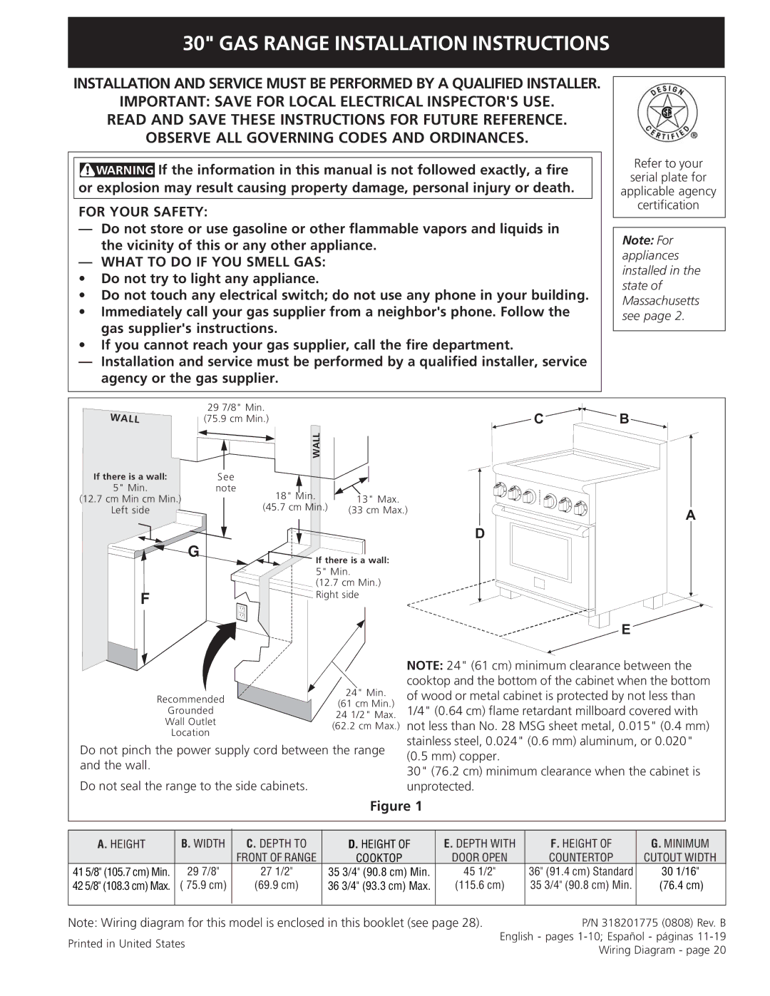 Electrolux 318201775 installation instructions Cooktop and the bottom of the cabinet when the bottom 