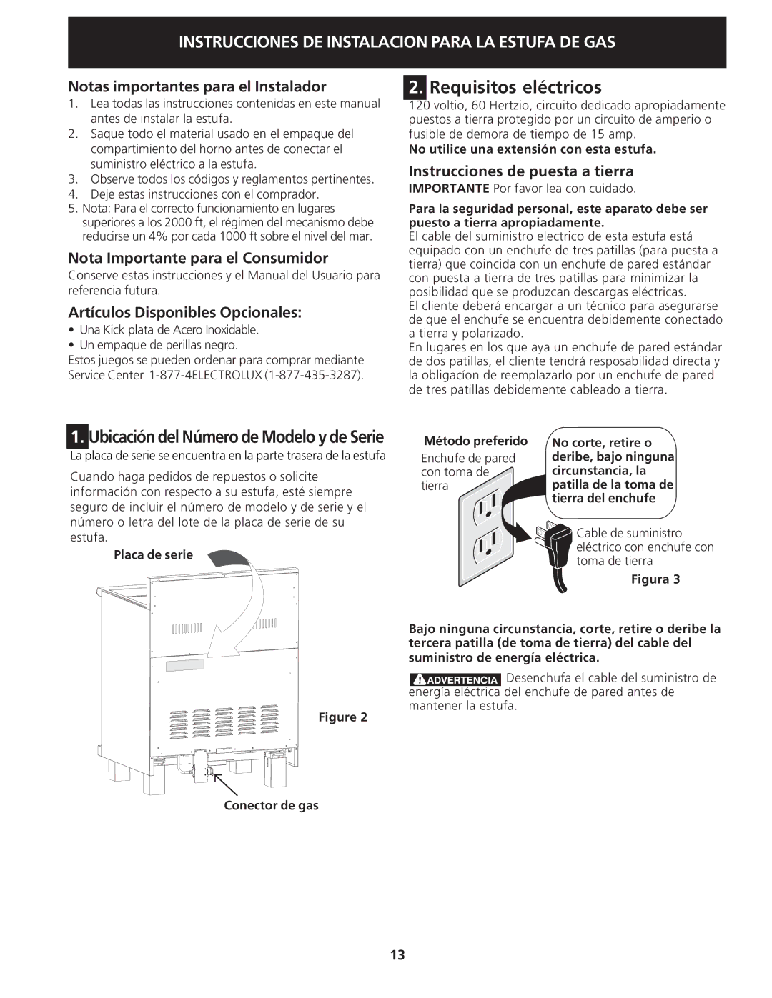 Electrolux 318201775 Requisitos eléctricos, Notas importantes para el Instalador, Nota Importante para el Consumidor 