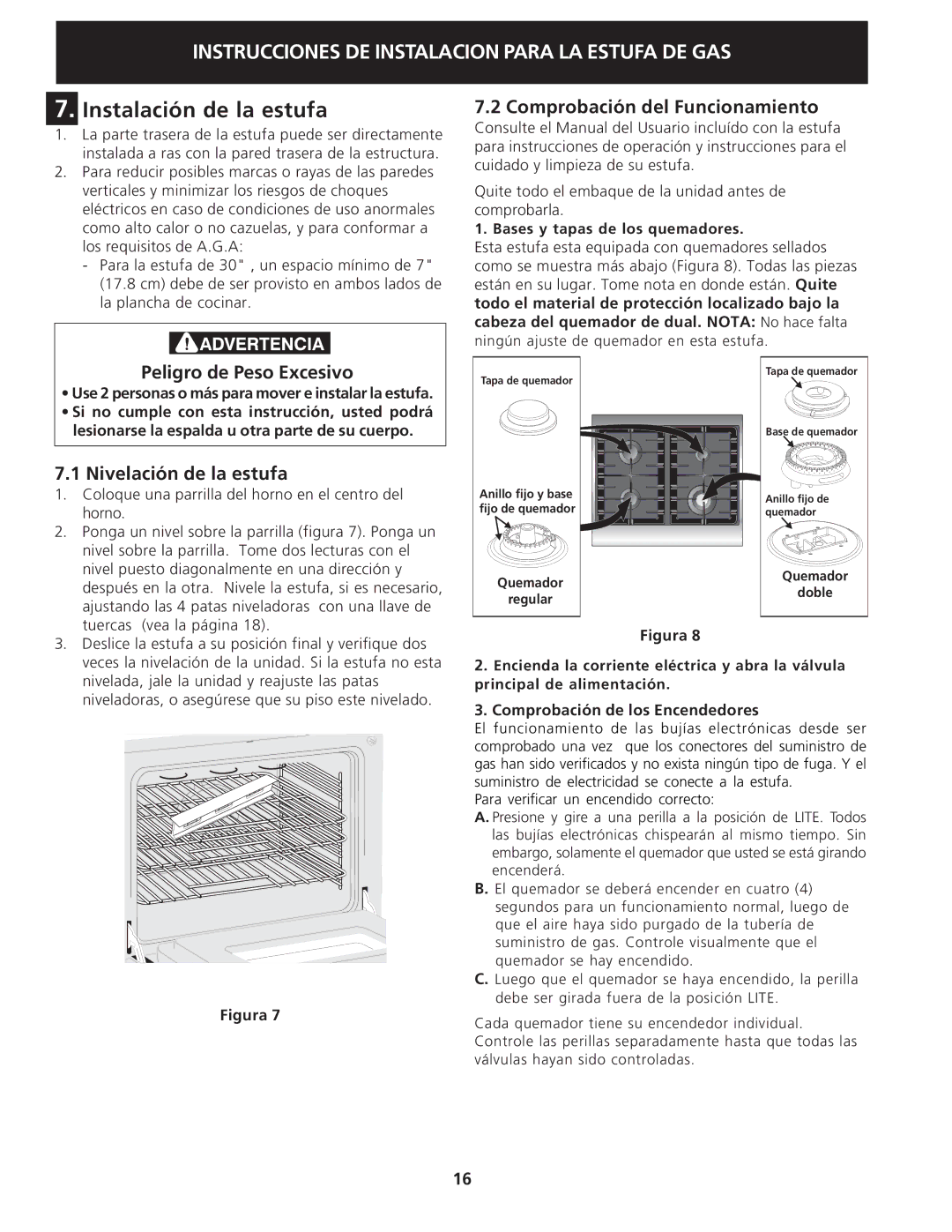 Electrolux 318201775 Instalación de la estufa, Comprobación del Funcionamiento, Peligro de Peso Excesivo 