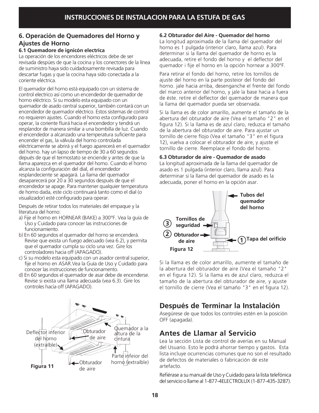 Electrolux 318201775 installation instructions Después de Terminar la Instalación, Antes de Llamar al Servicio 