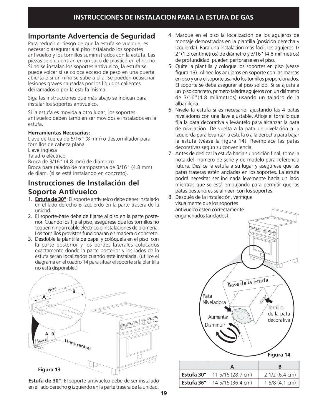 Electrolux 318201775 Importante Advertencia de Seguridad, Instrucciones de Instalación del Soporte Antivuelco 