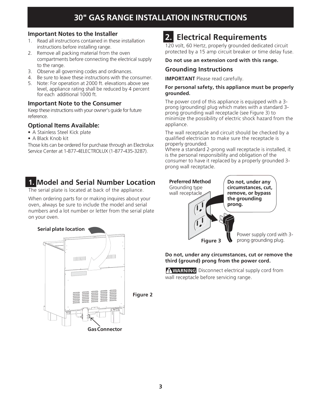 Electrolux 318201775 Model and Serial Number Location, Important Notes to the Installer, Important Note to the Consumer 