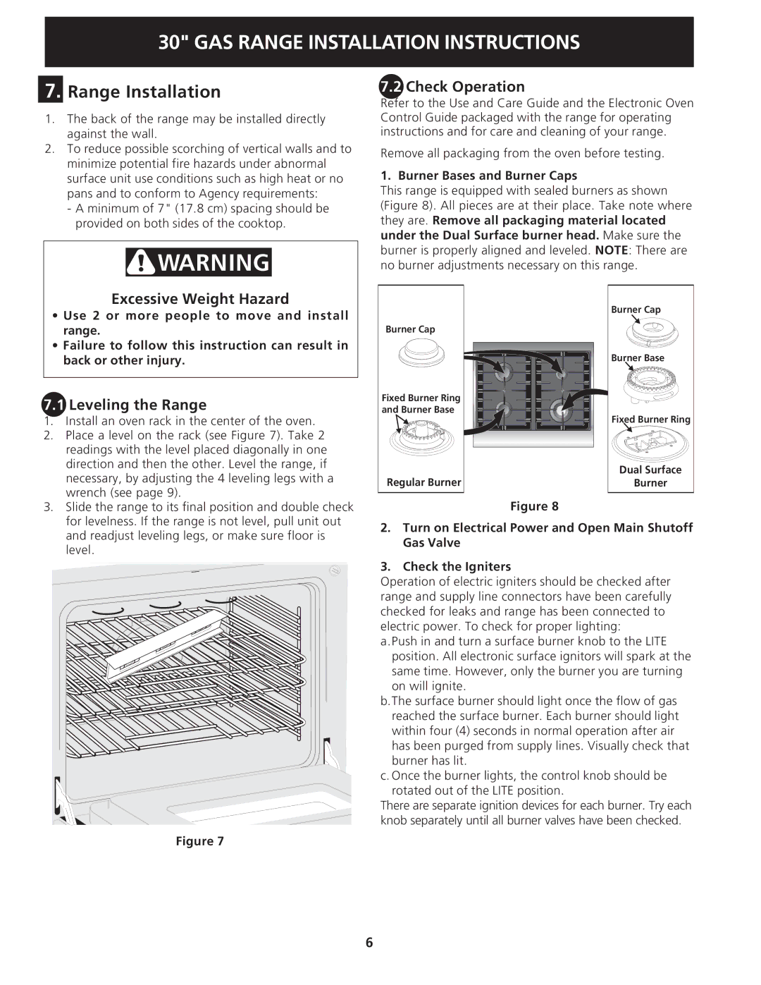 Electrolux 318201775 Range Installation, Excessive Weight Hazard Check Operation, Leveling the Range 