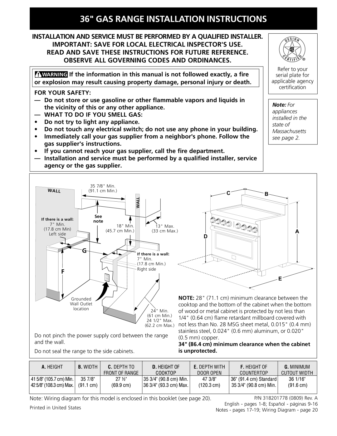 Electrolux 318201778 installation instructions GAS Range Installation Instructions 