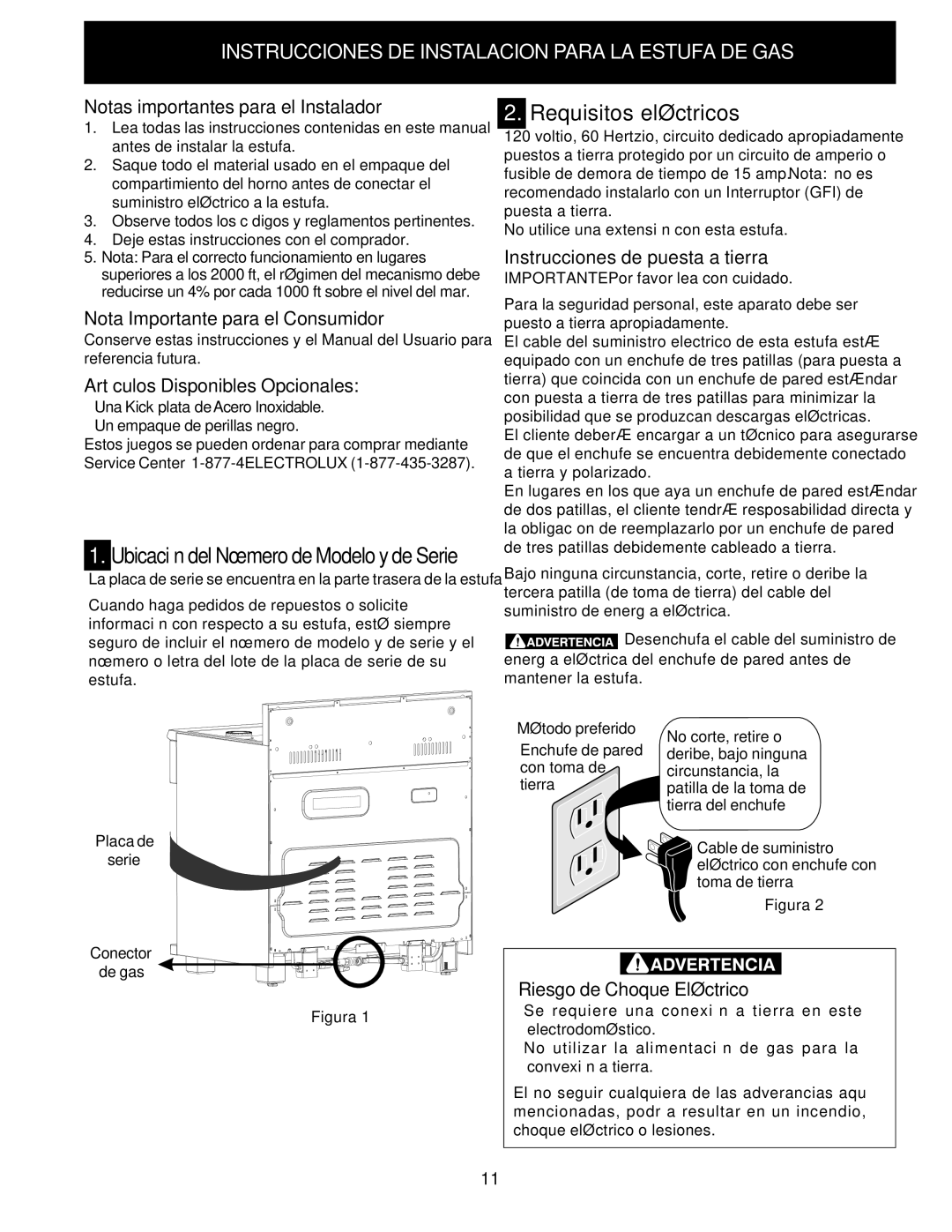 Electrolux 318201778 installation instructions Requisitos eléctricos 