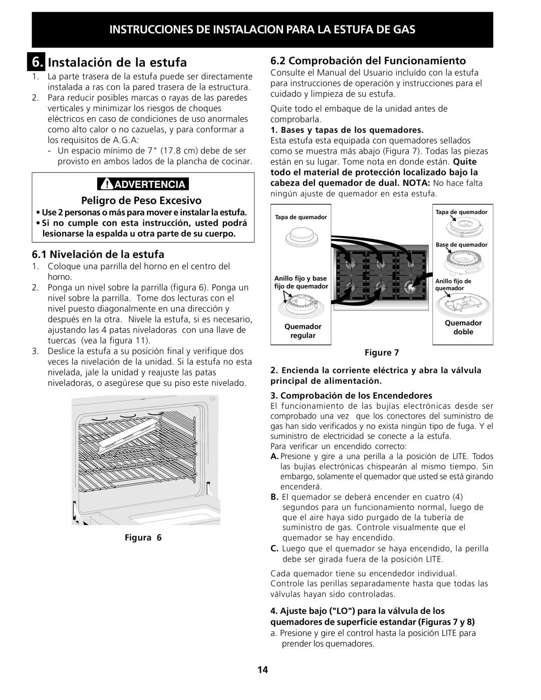 Electrolux 318201778 Instalación de la estufa, Peligro de Peso Excesivo Comprobación del Funcionamiento 