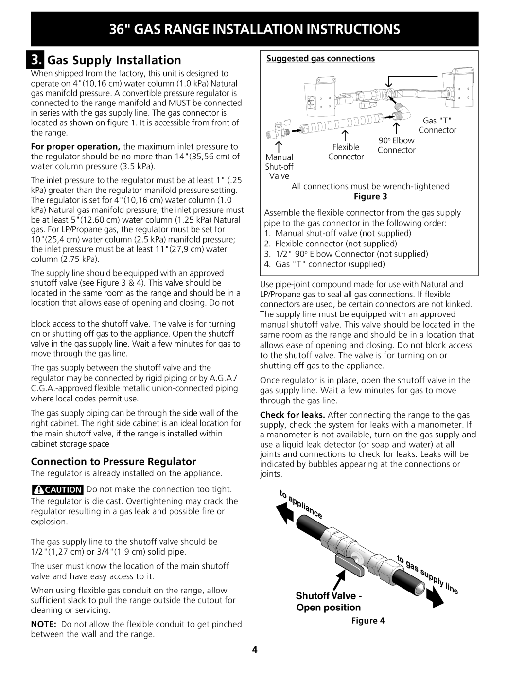 Electrolux 318201778 Gas Supply Installation, Connection to Pressure Regulator, Suggested gas connections 