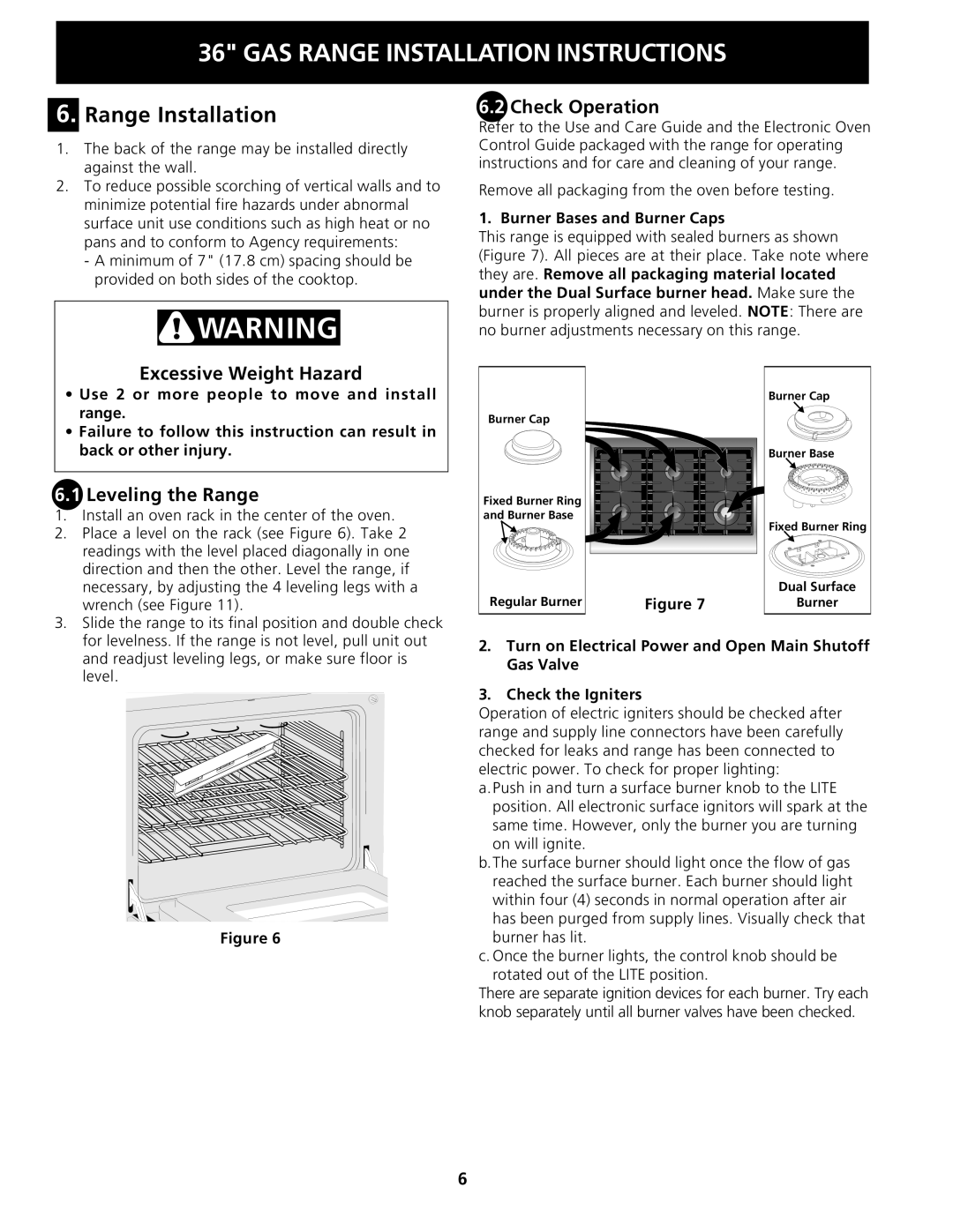 Electrolux 318201778 Range Installation, Excessive Weight Hazard Check Operation, Leveling the Range 