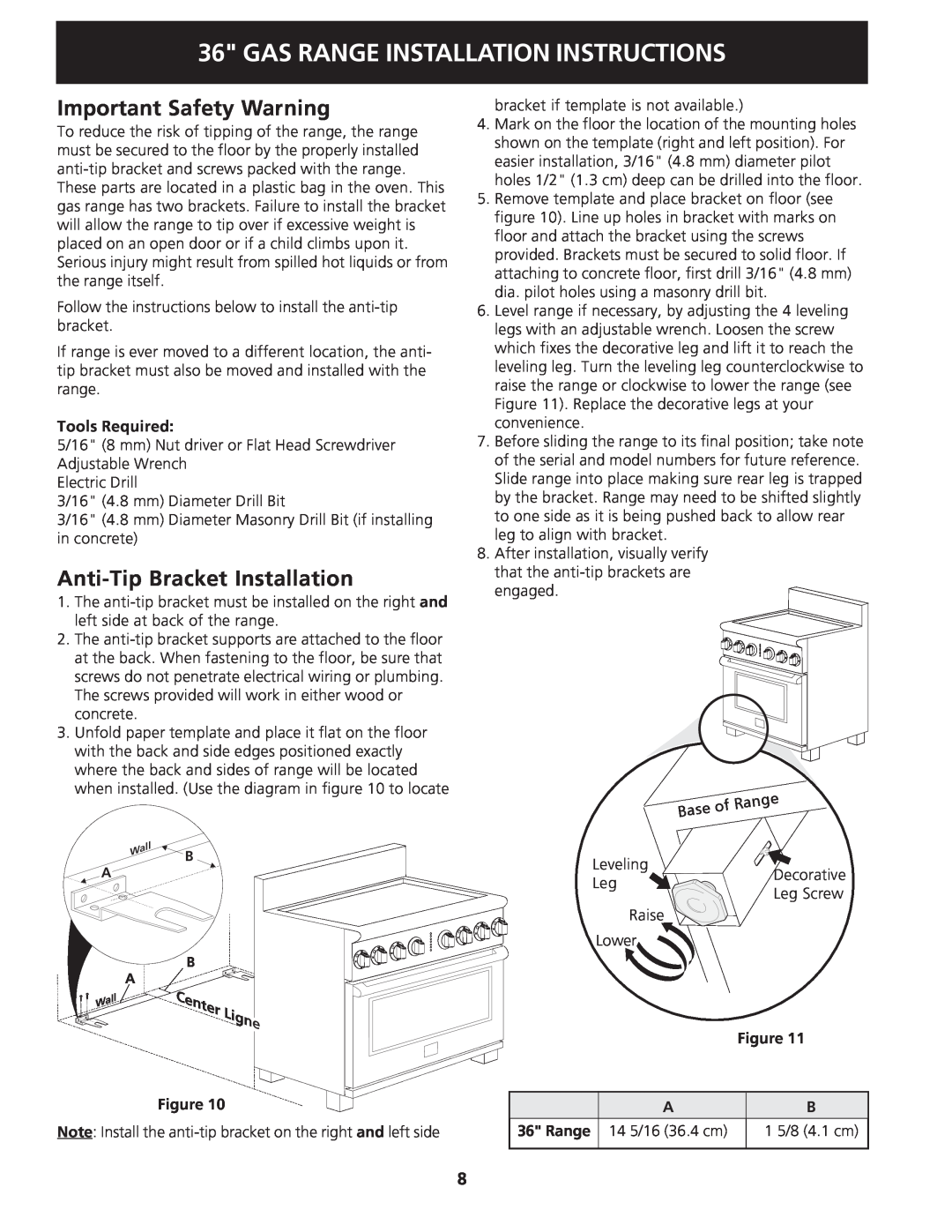 Electrolux 318201778 Important Safety Warning, Anti-TipBracket Installation, Gas Range Installation Instructions 