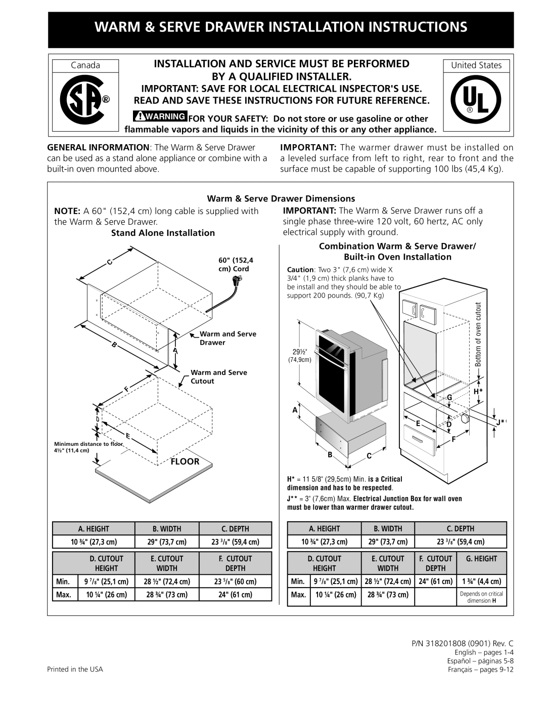 Electrolux 318201808 installation instructions Warm & Serve Drawer Dimensions 