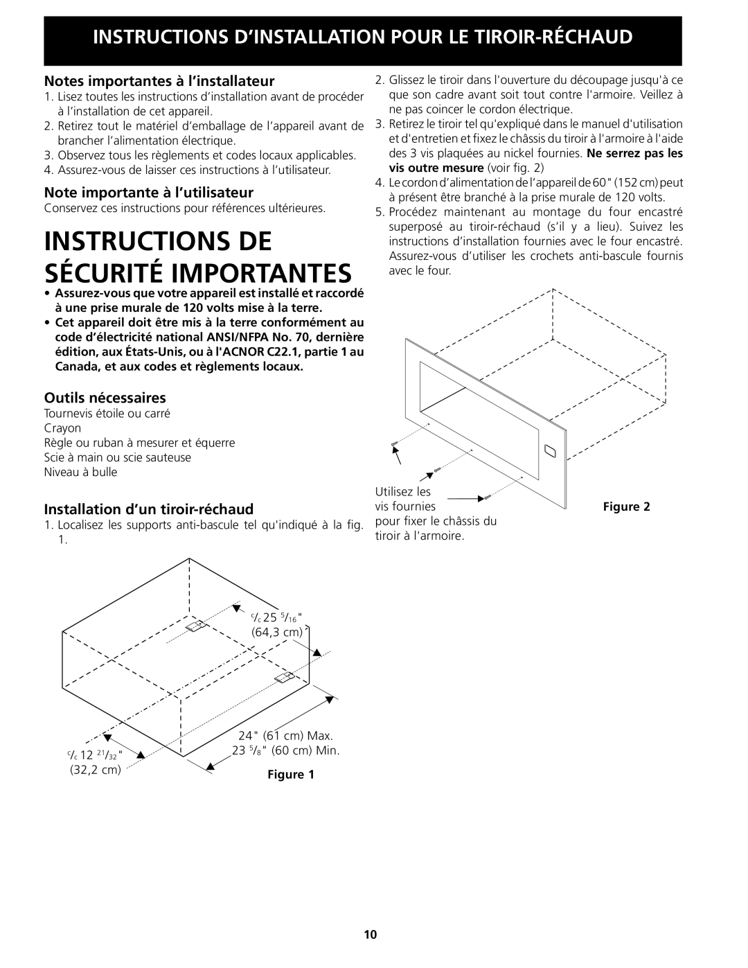 Electrolux 318201808 Outils nécessaires, Installation d’un tiroir-réchaud, Une prise murale de 120 volts mise à la terre 