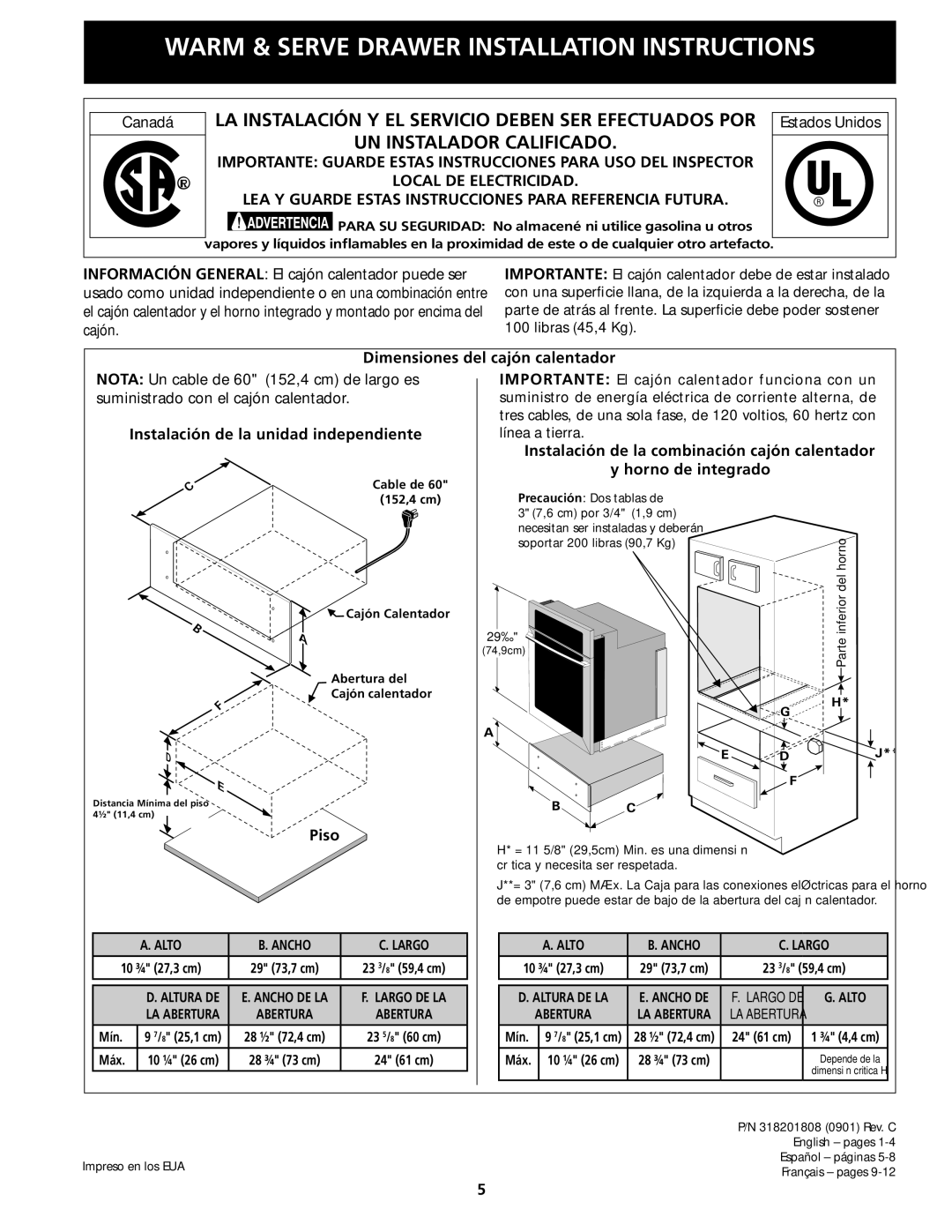 Electrolux 318201808 Canadá Estados Unidos, Dimensiones del cajón calentador, Horno de integrado, Piso 