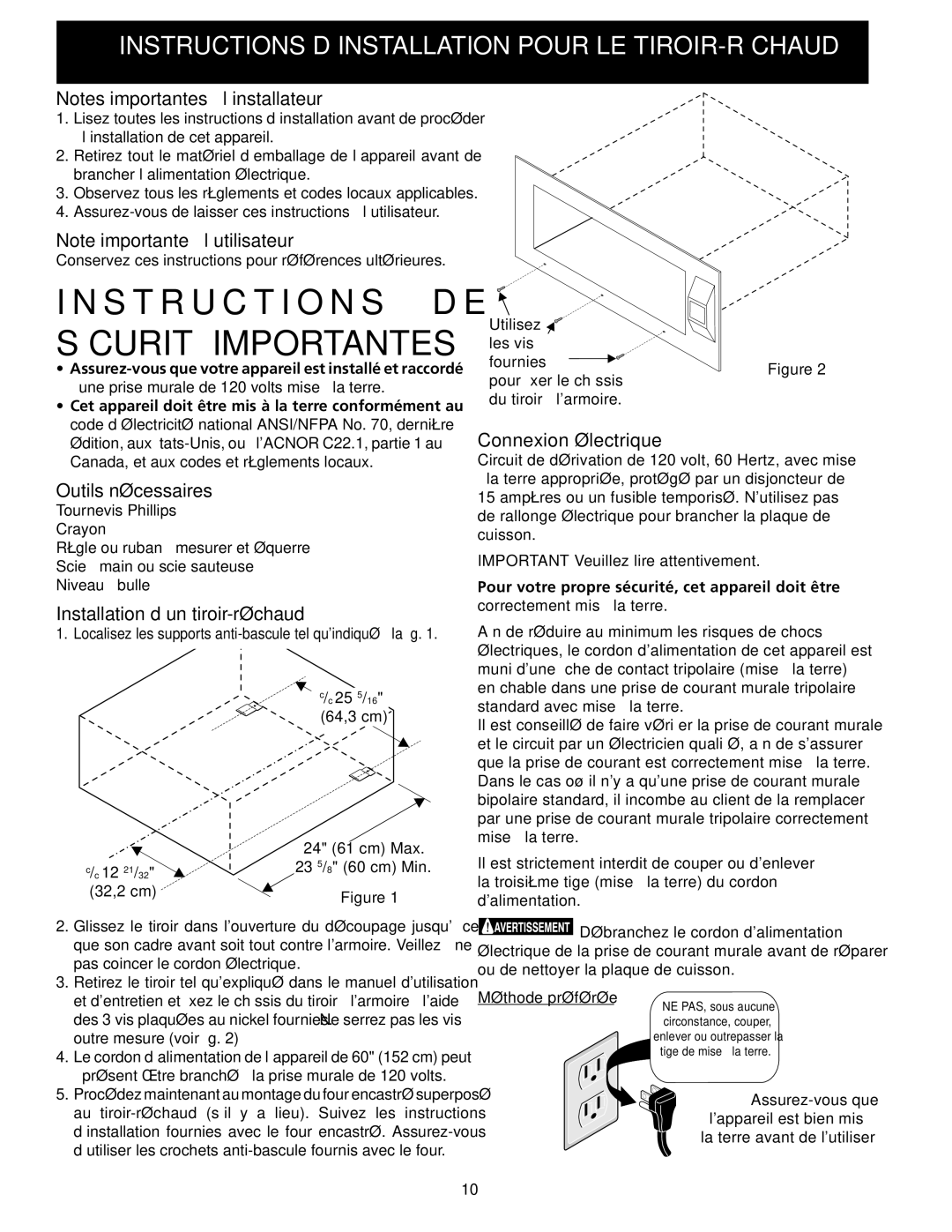 Electrolux 318201810 Outils nécessaires, Installation d’un tiroir-réchaud, Connexion électrique, Méthode préférée 