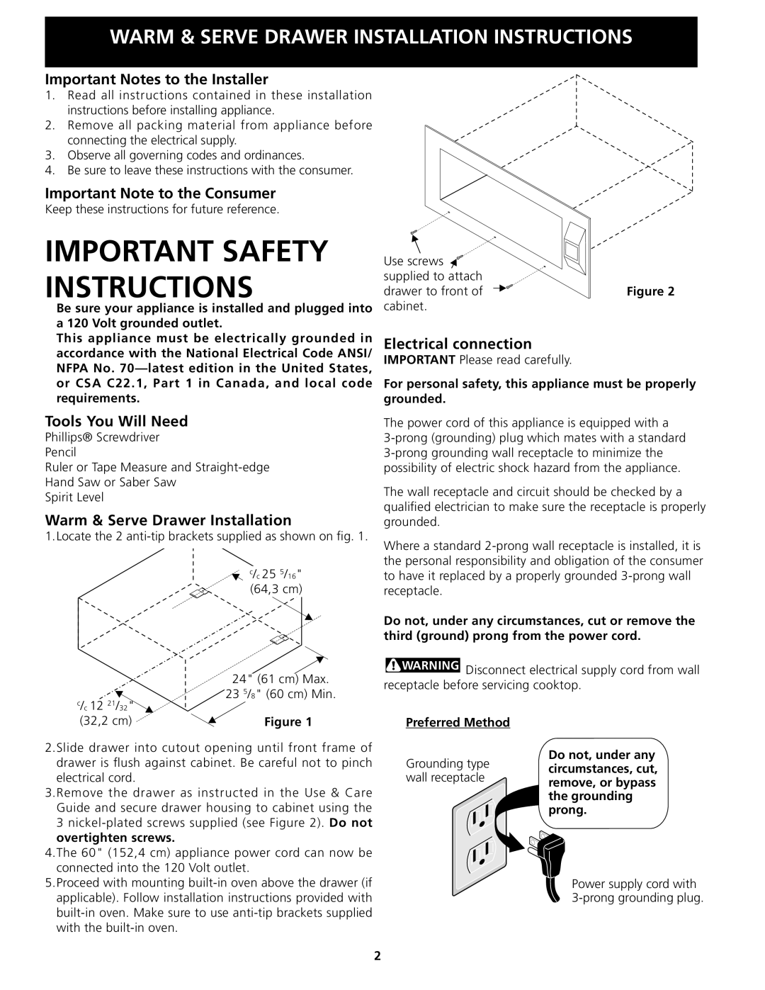 Electrolux 318201810 Important Notes to the Installer, Important Note to the Consumer, Tools You Will Need 