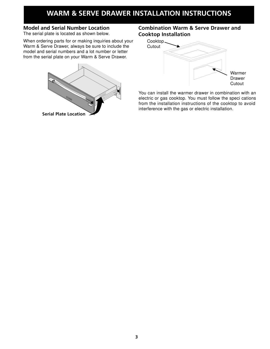 Electrolux 318201810 Model and Serial Number Location, Combination Warm & Serve Drawer and Cooktop Installation 