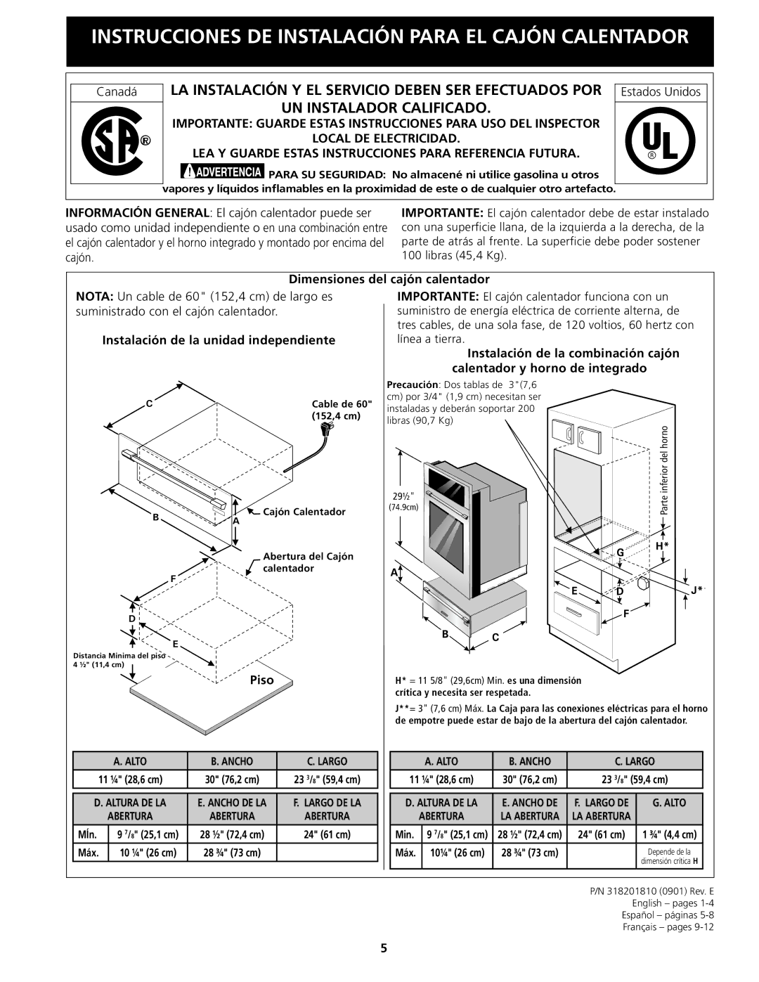 Electrolux 318201810 installation instructions Canadá, Dimensiones del cajón calentador 