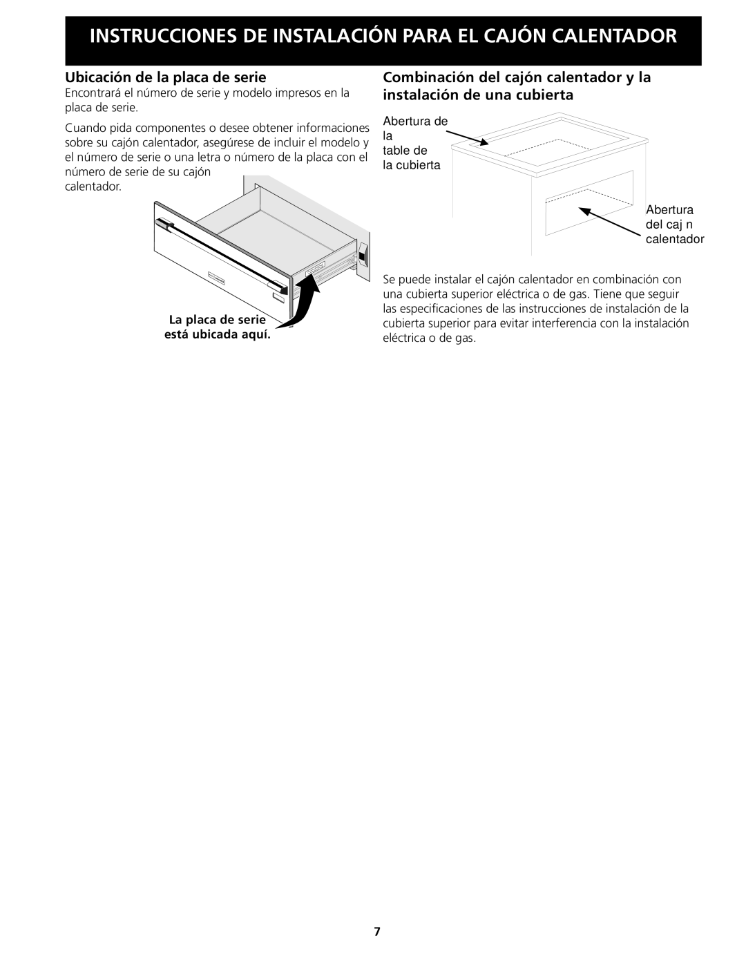 Electrolux 318201810 installation instructions Ubicación de la placa de serie, Abertura de La table de La cubierta 