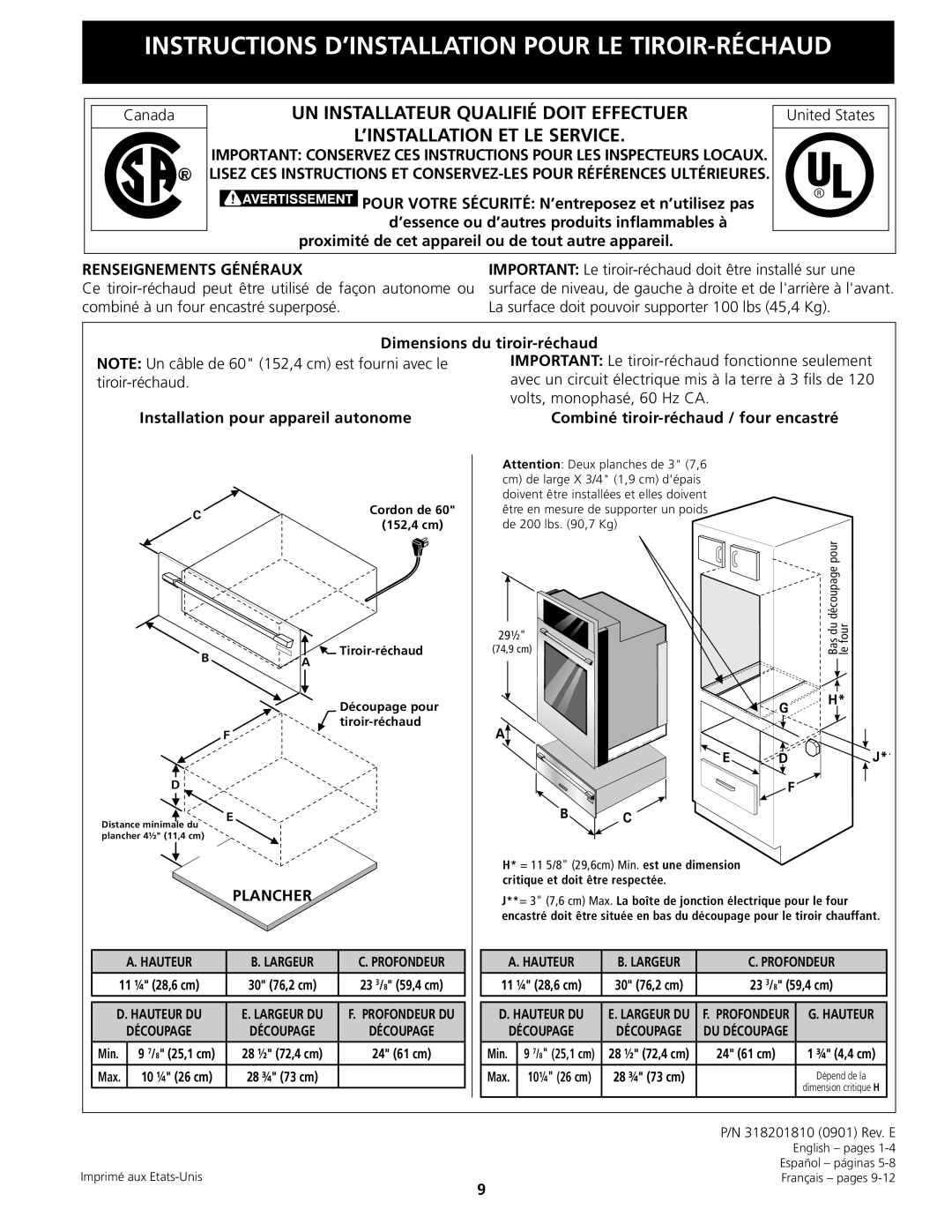 Electrolux 318201810 installation instructions Instructions D’Installation Pour Le Tiroir-Réchaud 