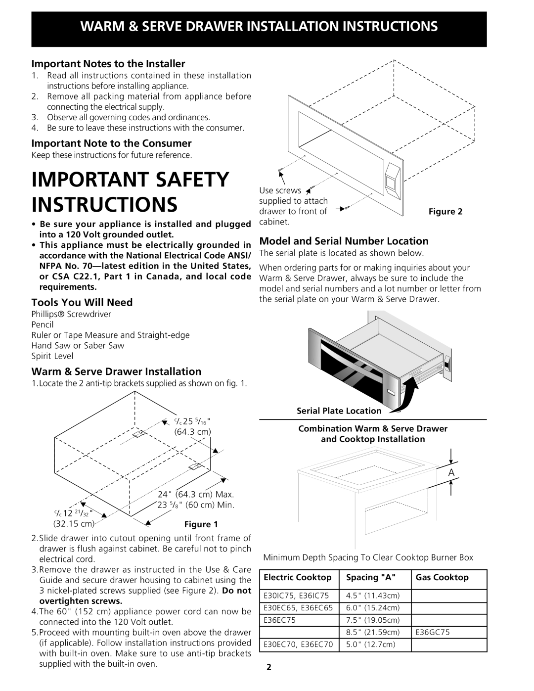 Electrolux 318201811 Important Notes to the Installer, Important Note to the Consumer, Tools You Will Need 