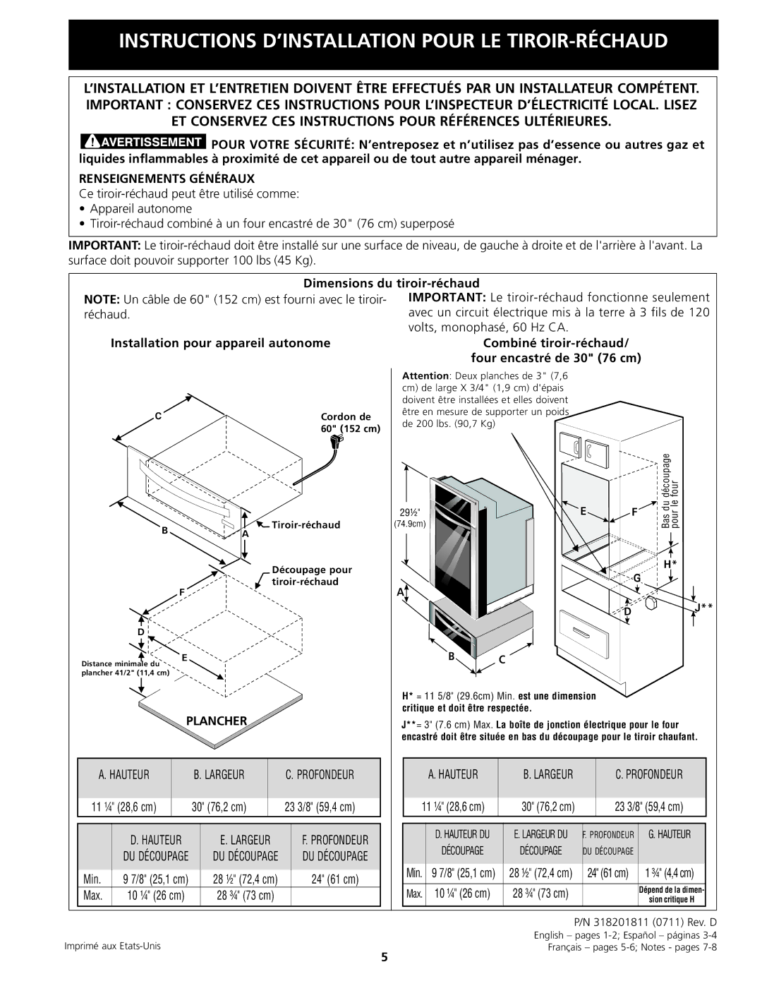 Electrolux 318201811 Instructions D’INSTALLATION Pour LE TIROIR-RÉCHAUD, Renseignements Généraux, Plancher 