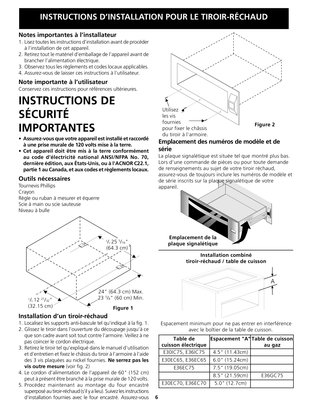 Electrolux 318201811 Outils nécessaires, Emplacement des numéros de modèle et de série, Installation d’un tiroir-réchaud 