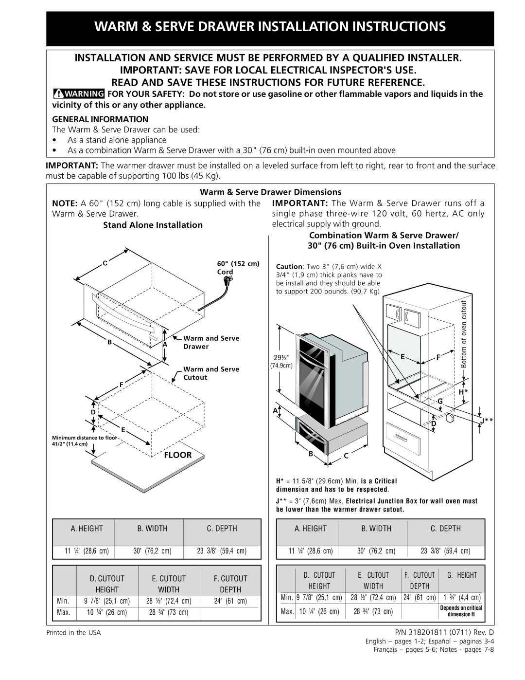 Electrolux 318201811 installation instructions Warm & Serve Drawer Installation Instructions, General Information, Floor 