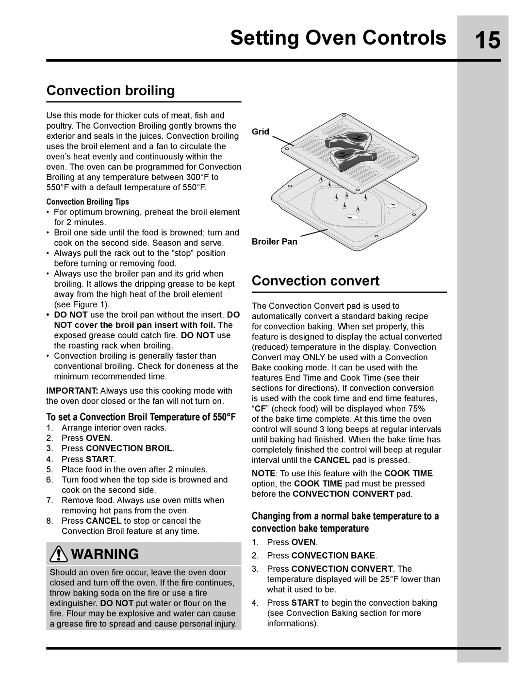 Electrolux 318205134 manual Convection broiling, Convection convert, To set a Convection Broil Temperature of 550F 