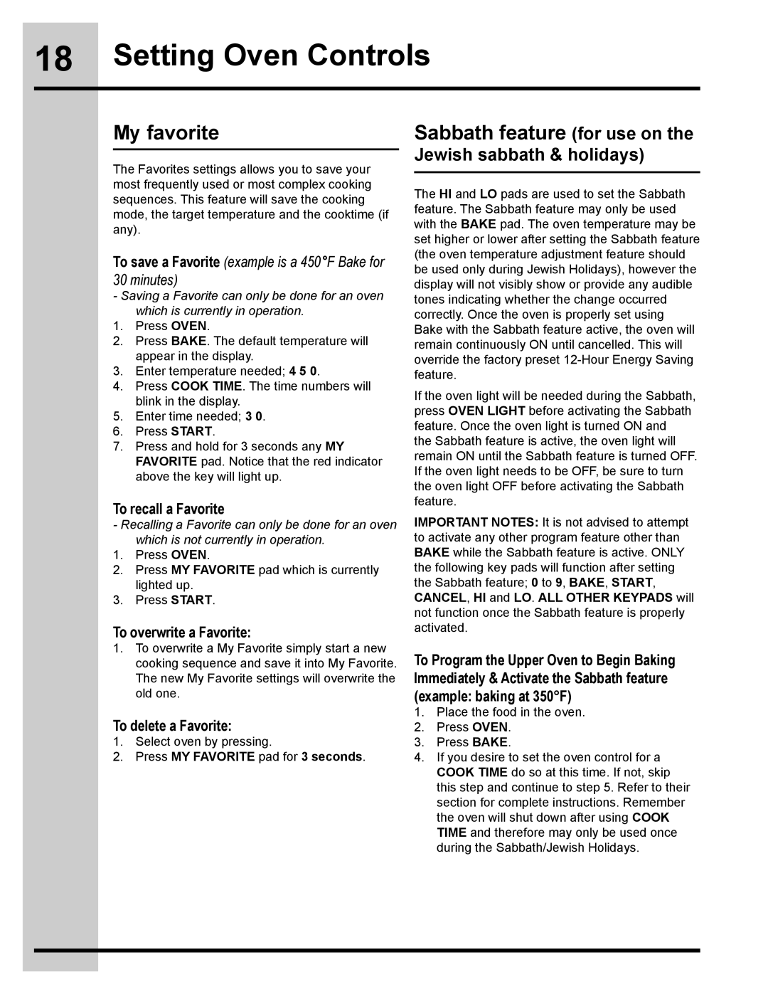 Electrolux 318205134 manual My favorite, Sabbath feature for use on the Jewish sabbath & holidays, To recall a Favorite 