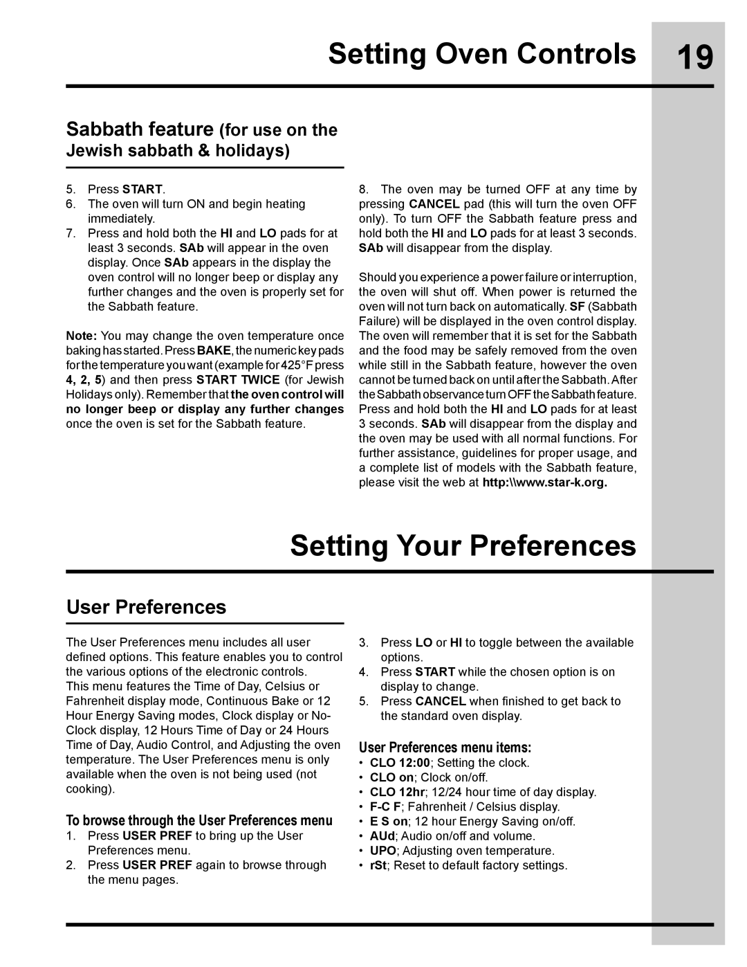 Electrolux 318205134 manual Setting Your Preferences, To browse through the User Preferences menu 