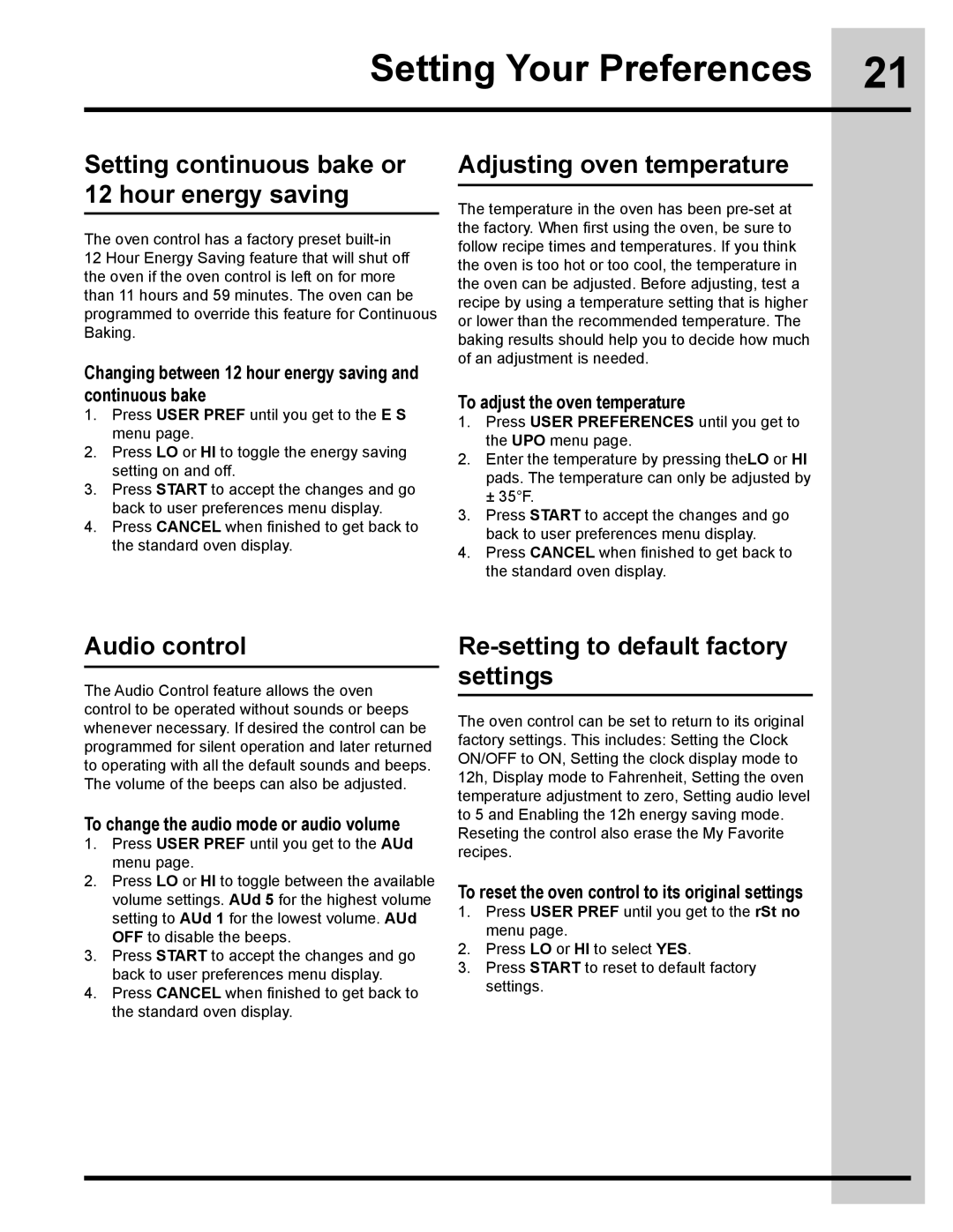 Electrolux 318205134 manual Setting continuous bake or 12 hour energy saving, Adjusting oven temperature, Audio control 