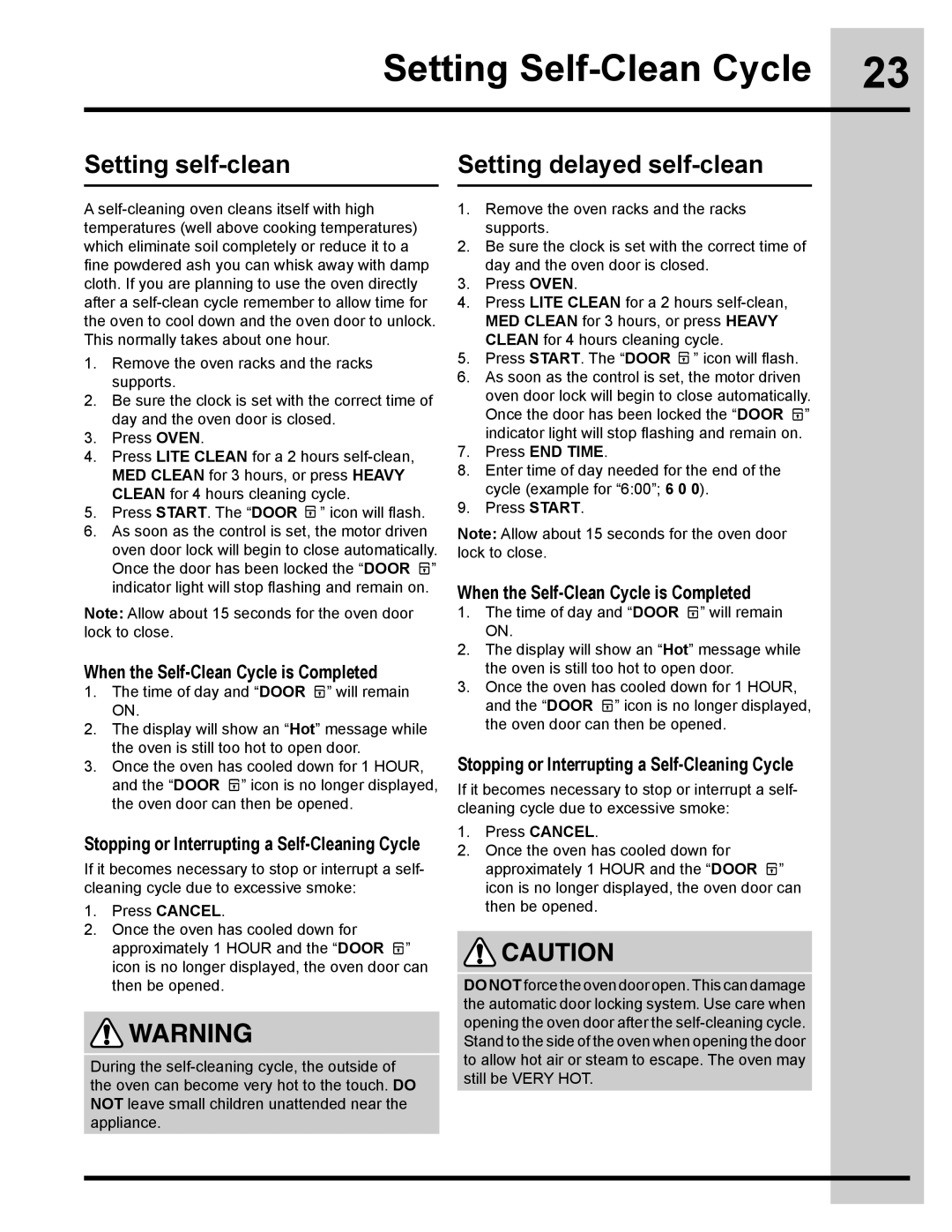 Electrolux 318205134 manual Setting self-clean Setting delayed self-clean, When the Self-Clean Cycle is Completed 