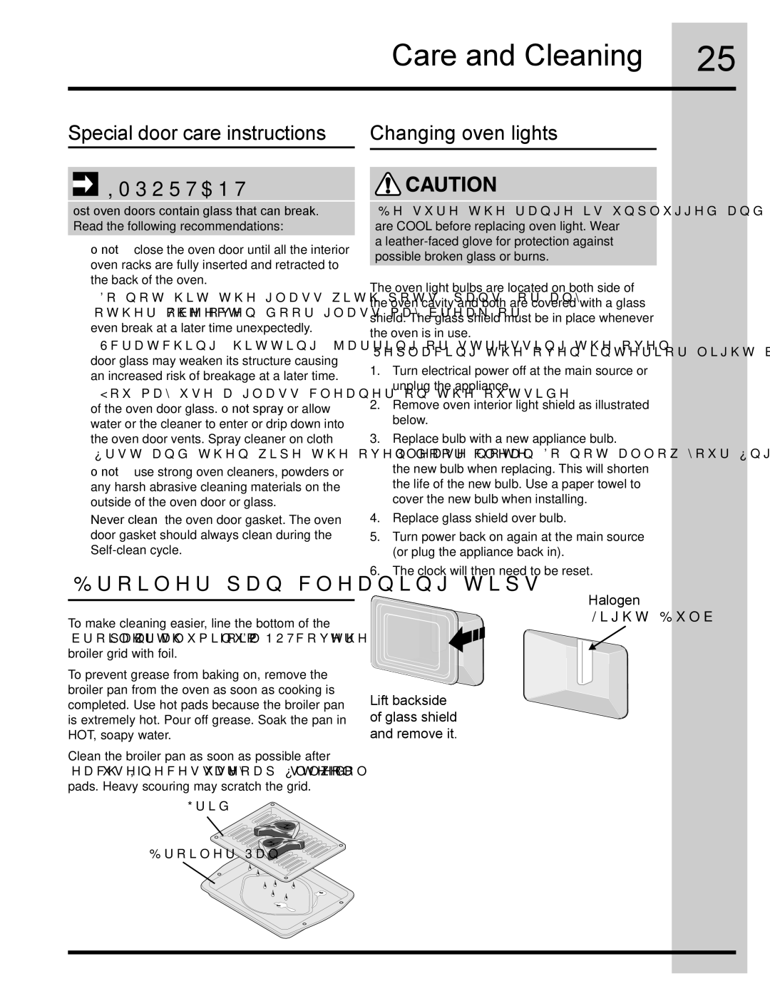 Electrolux 318205134 manual Special door care instructions Changing oven lights, Broiler pan cleaning tips 