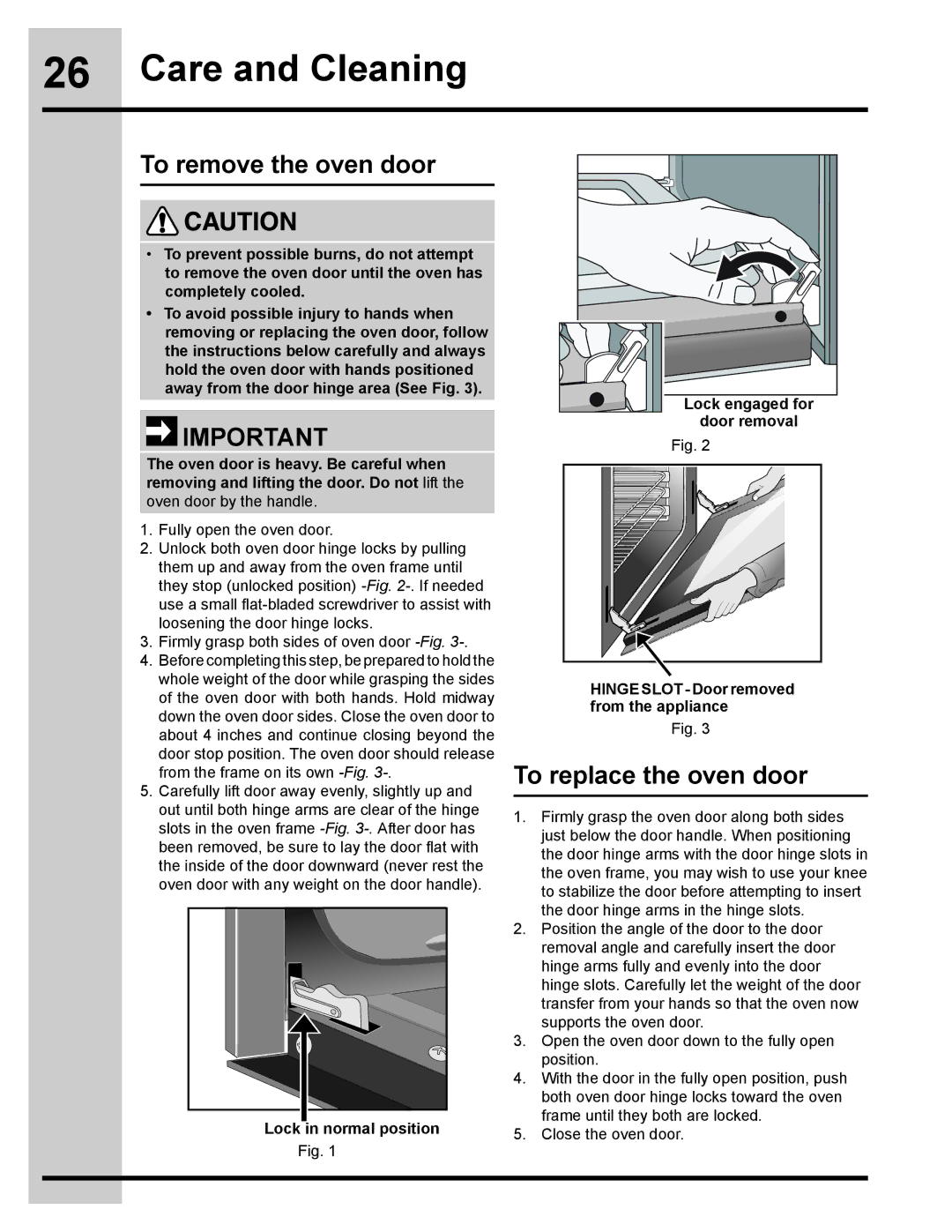 Electrolux 318205134 manual To remove the oven door, To replace the oven door, Lock in normal position Lock engaged for 