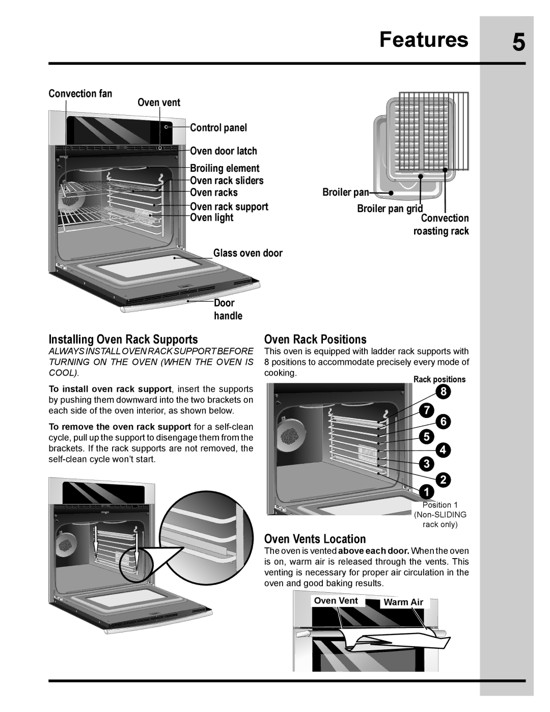 Electrolux 318205134 manual Installing Oven Rack Supports Oven Rack Positions 