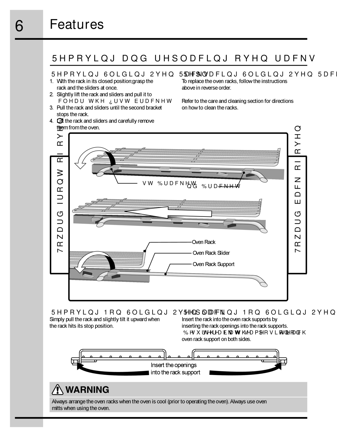 Electrolux 318205134 manual Features, Removing and replacing oven racks, Toward front of oven, Toward back of oven 