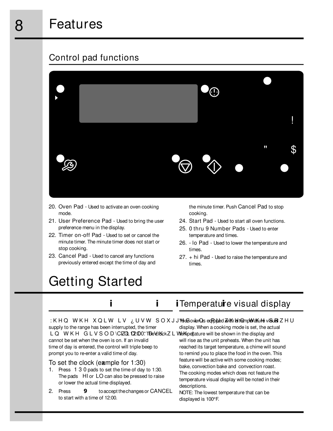 Electrolux 318205134 Getting Started, Setting clock at power up Temperature visual display, To set the clock example for 