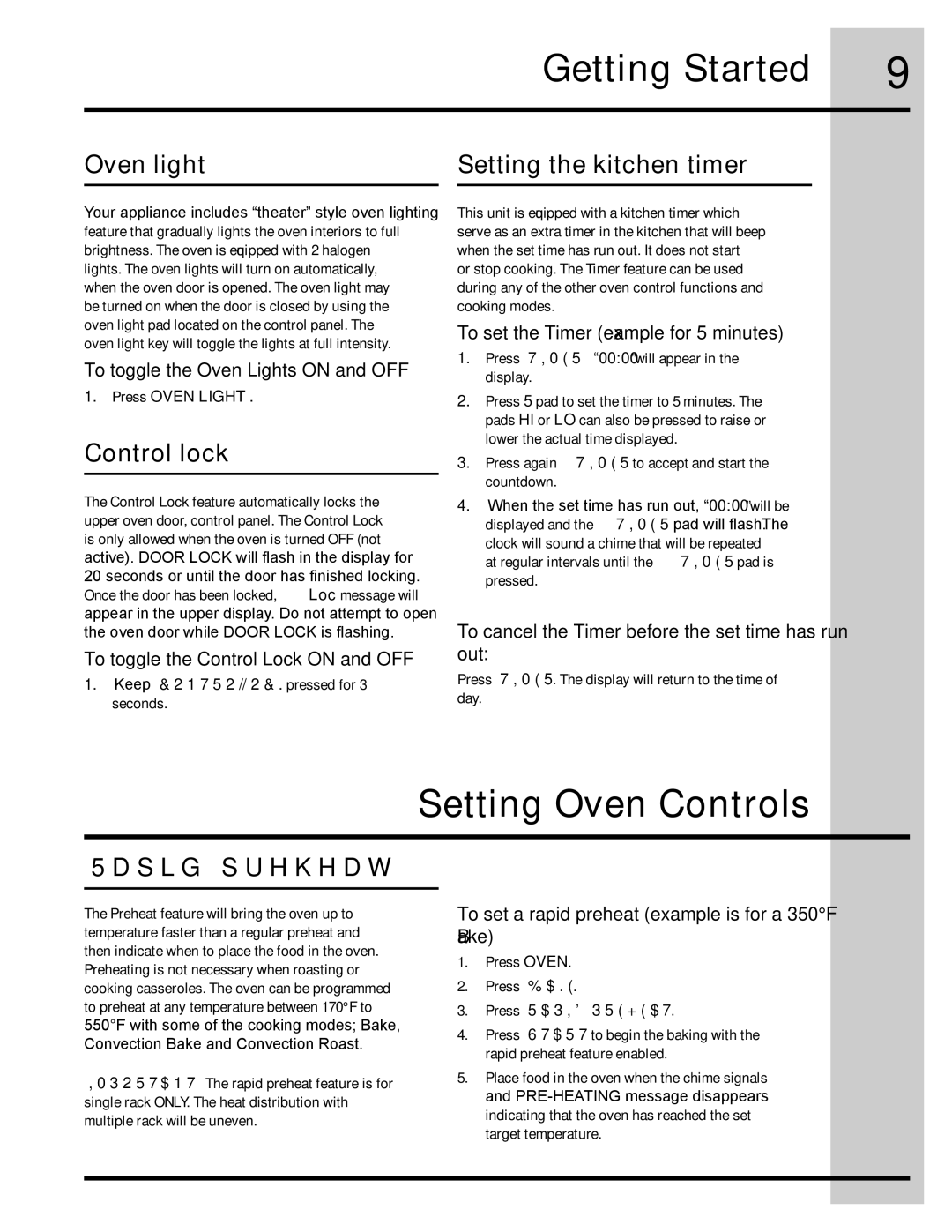 Electrolux 318205134 manual Setting Oven Controls, Oven light Setting the kitchen timer, Control lock, Rapid preheat 