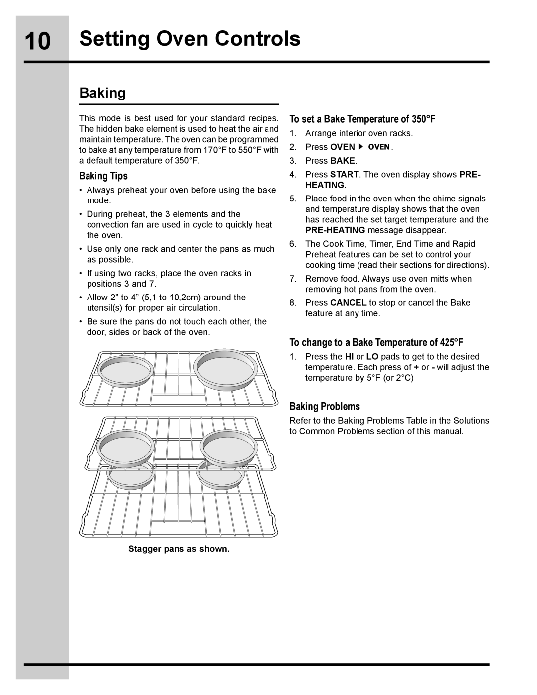 Electrolux 318205134 Setting Oven Controls, Baking Tips, To set a Bake Temperature of 350F, Baking Problems, Heating 