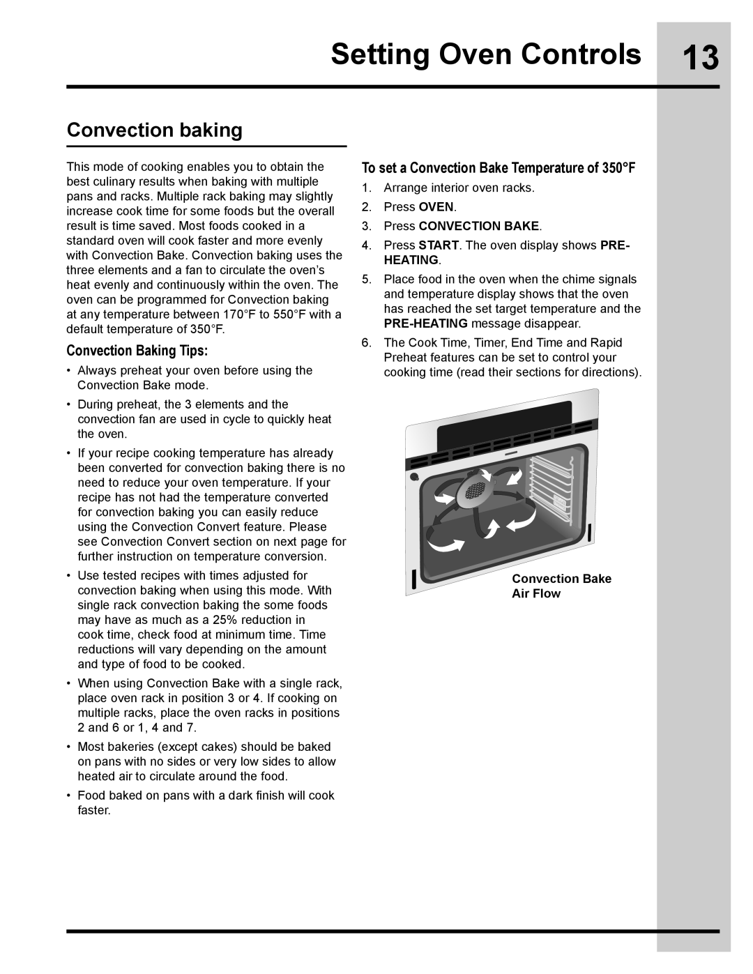 Electrolux 318205134 Convection baking, Convection Baking Tips, To set a Convection Bake Temperature of 350F, Heating 