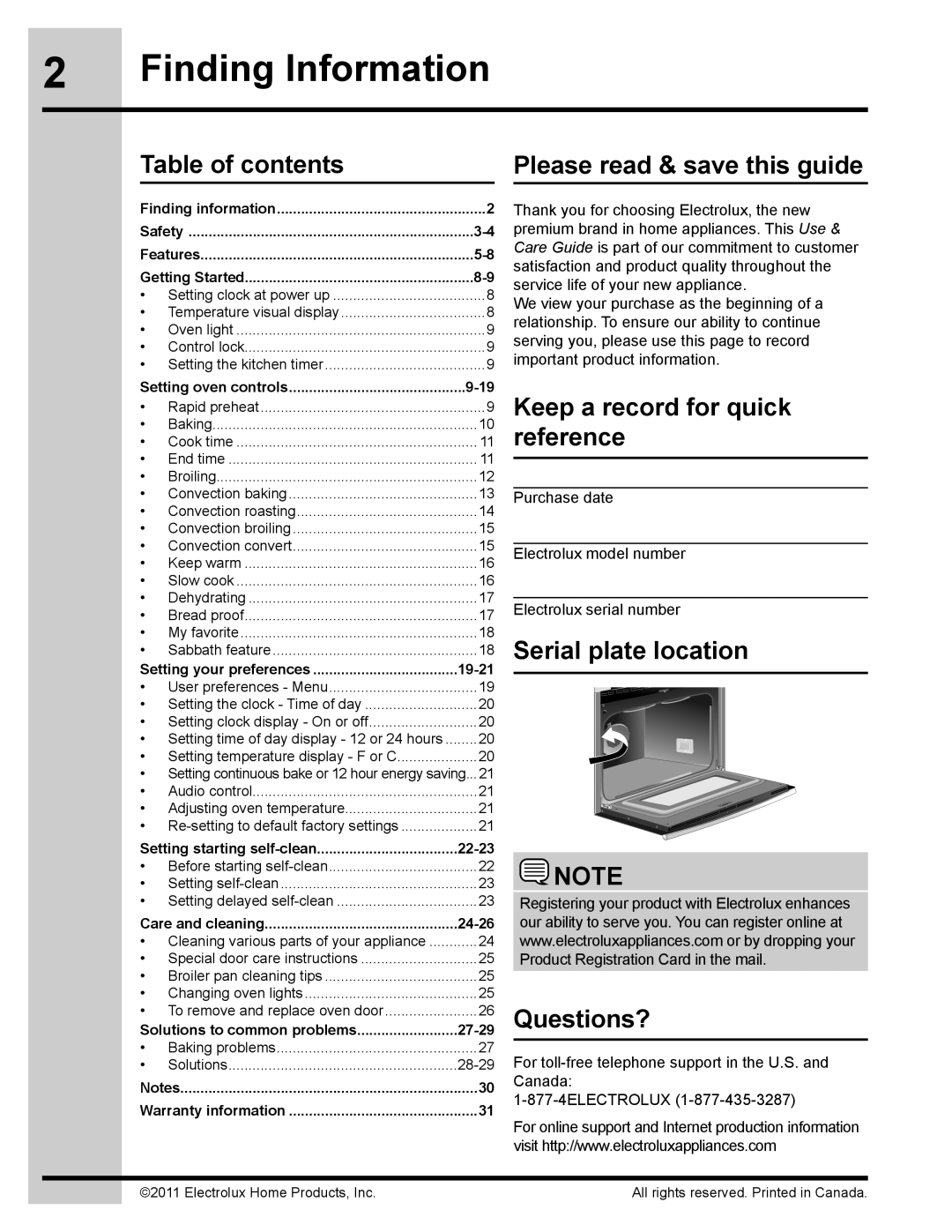 Electrolux 318205134 manual Finding Information, Table of contents, Please read & save this guide, Serial plate location 