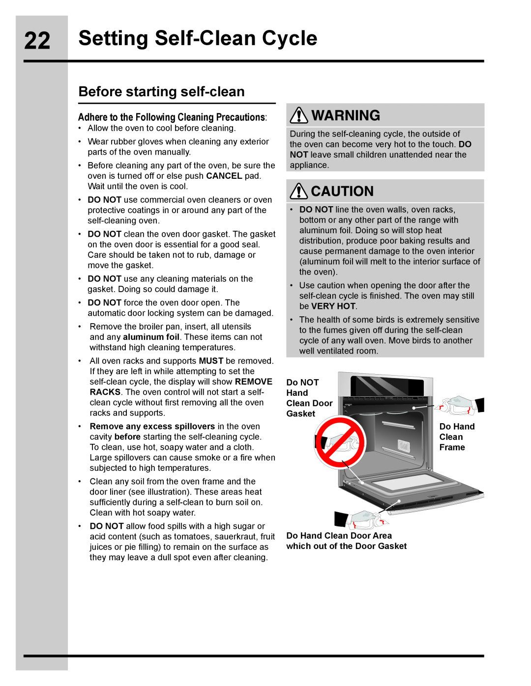 Electrolux 318205134 Setting Self-Clean Cycle, Before starting self-clean, Adhere to the Following Cleaning Precautions 