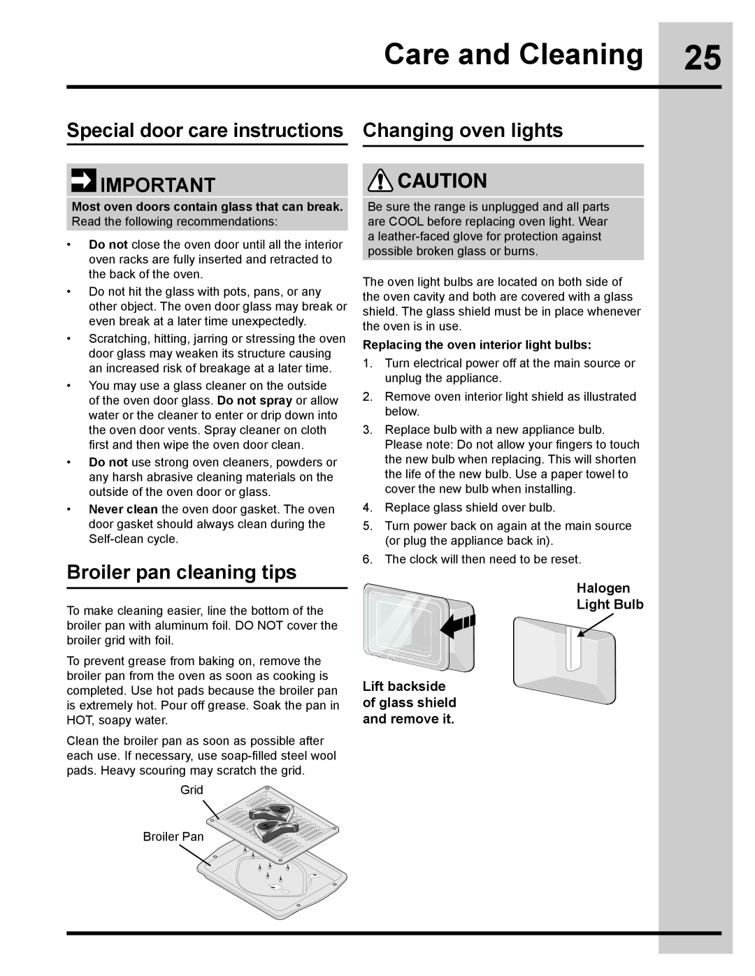 Electrolux 318205134 Care and Cleaning, Special door care instructions Changing oven lights, Broiler pan cleaning tips 