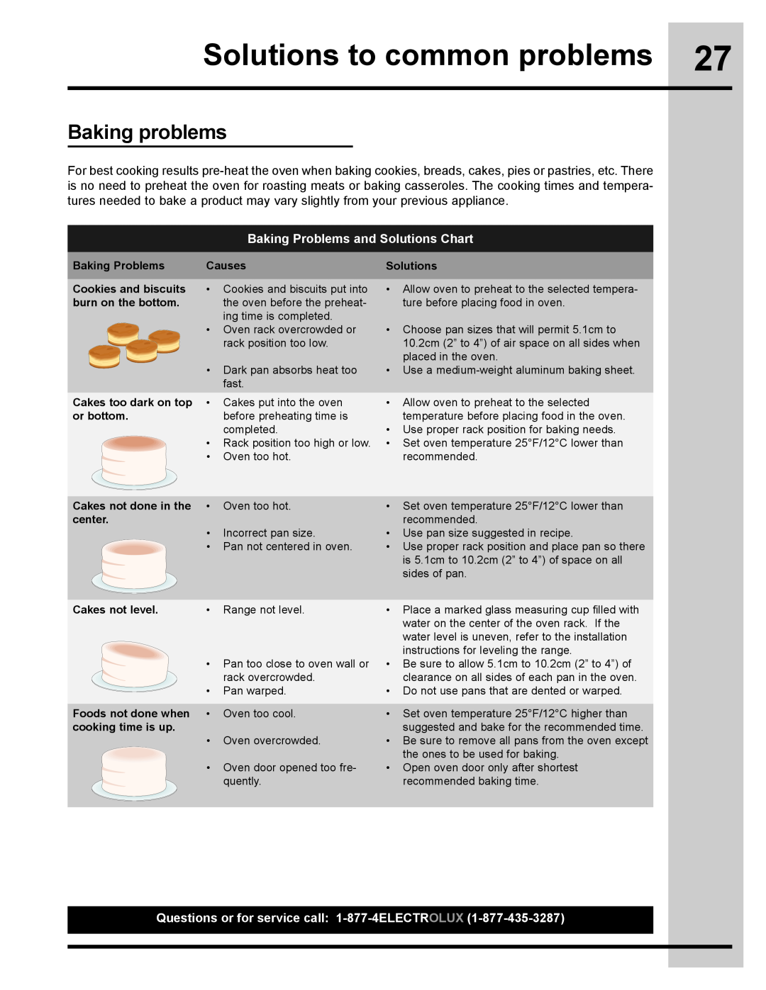 Electrolux 318205134 manual Solutions to common problems, Baking problems, Baking Problems and Solutions Chart 